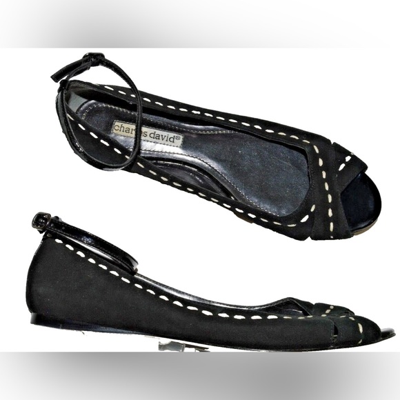 CHARLES DAVID  6 M BLACK SUEDE PEEP TOE ANKLE STRAP FLATS SHOES WALKING COMFORT - Picture 1 of 6